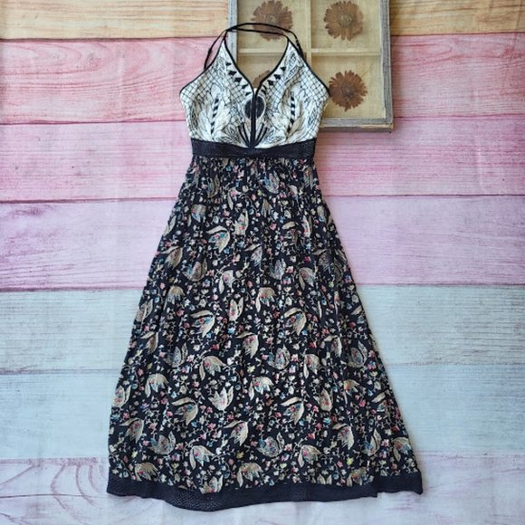 UO Ecote Floral Embroidered Criss Cross Strap A-line Boho Festival Midi Dress 4 - Picture 1 of 7